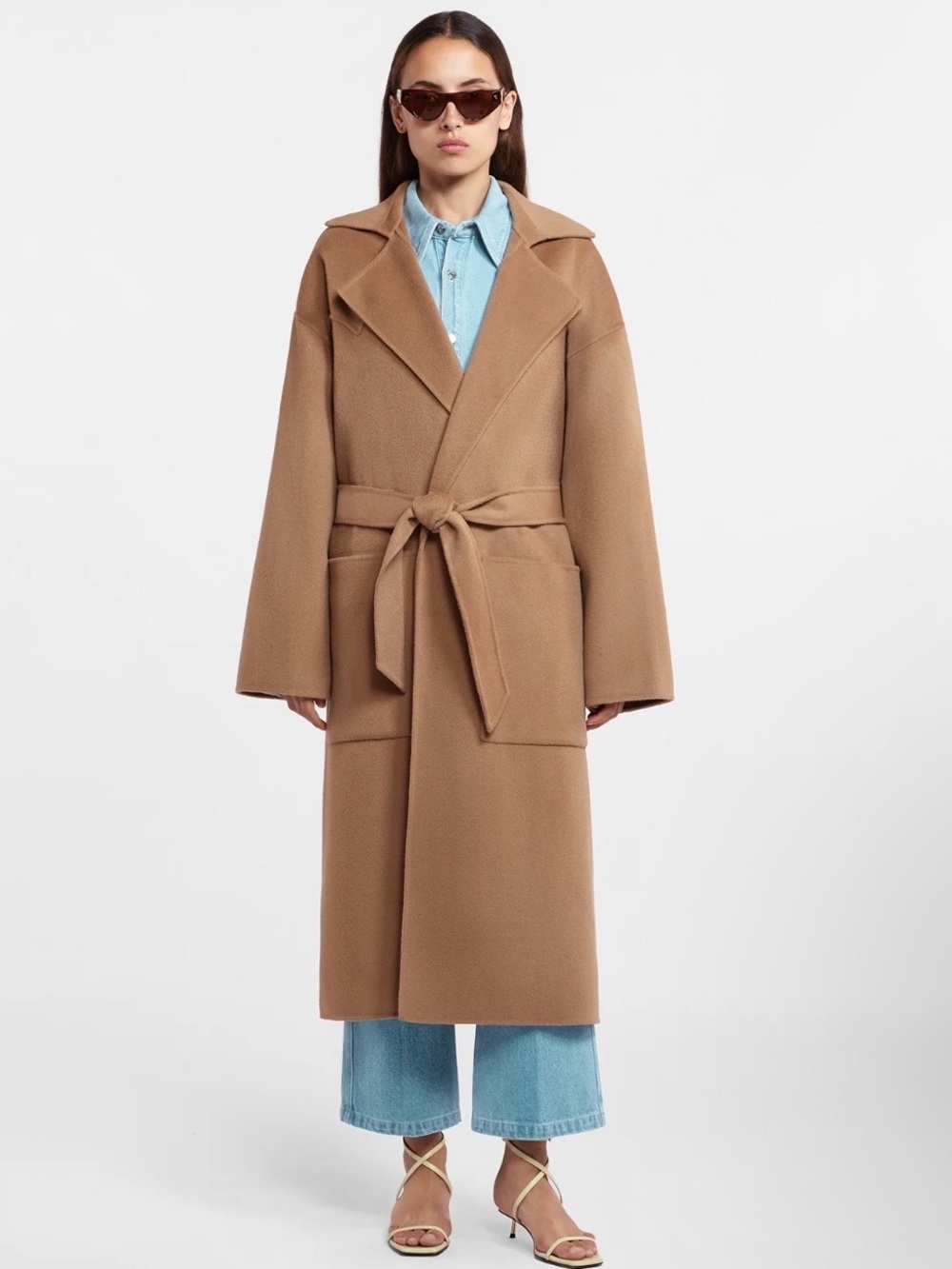 NWT Nanushka Alamo Wool Silk Blend Belted Robe Long Coat Camel size M